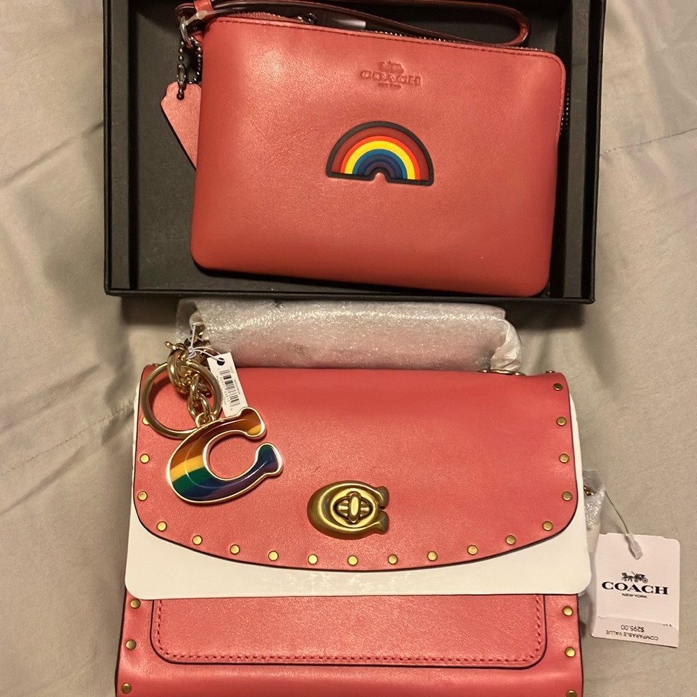 NWT! Coach RARE Deep Peony/Rose riveted mini Parker bag 3 set